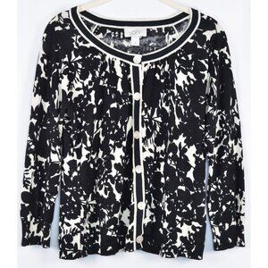 LOFT Ann Taylor Floral Silk Blend 3/4 Sleeve Cardigan Sweater Black/White Size M